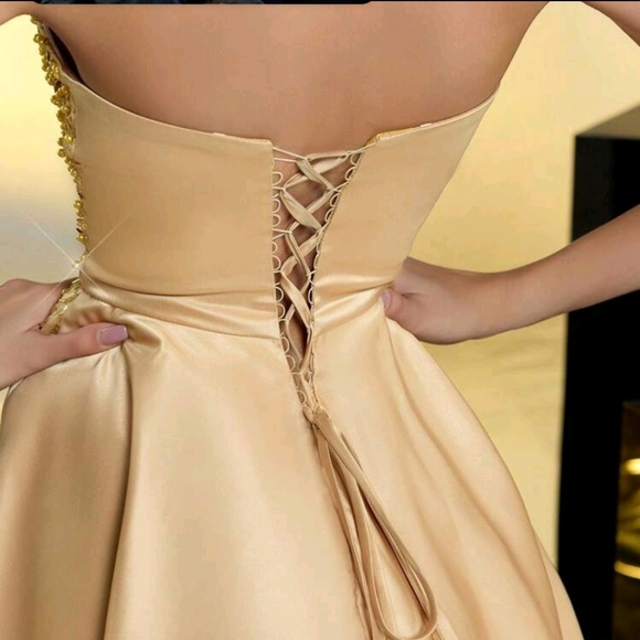 Elegant Champagne Glossy Satin Tube Top,Gorgeous Three-Dimensional Sequins  Dres - Picture 3 of 4